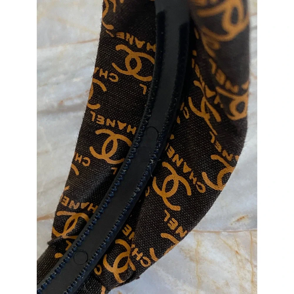Brown Canvas Logo Print Knotted Headband Gold Tone Motif Accessory